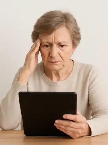 Assistina Frau mit Tablet Fragezeichen